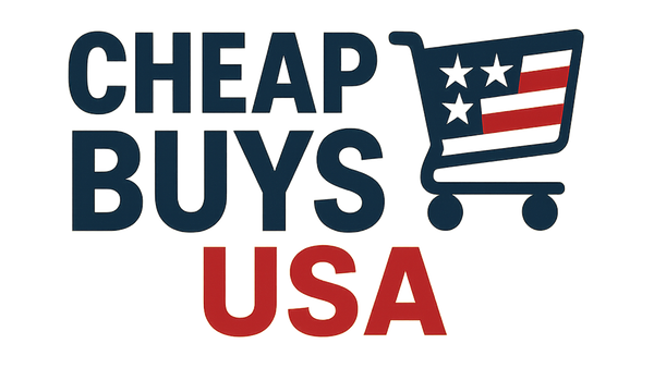 Logo with 'CHEAP BUYS USA' text and a shopping cart featuring the American flag on a white background.